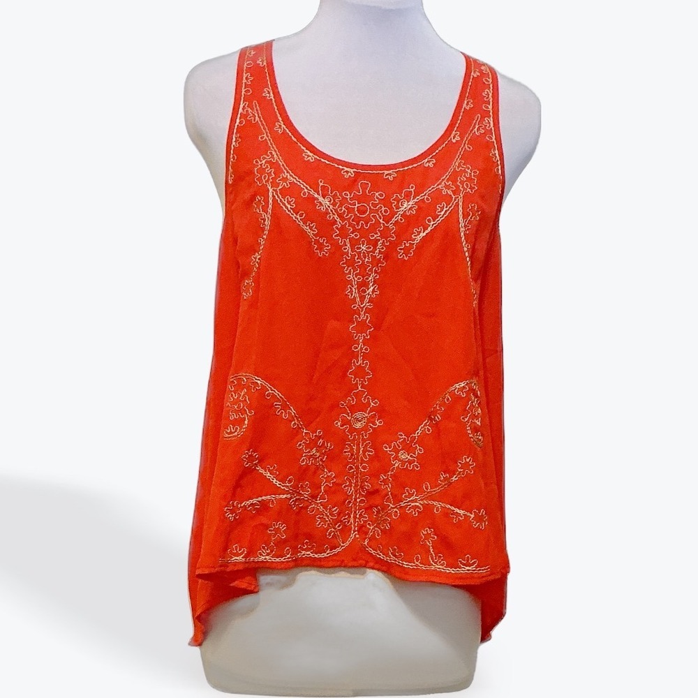 THML Womens XS Orange‎ Embroidered Sleeveless High Low Boho Tank Top TM2822-1
